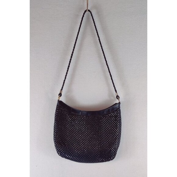 Black Mesh Handbag Shoulder Strap Braided Leather Glossy Day Evening 8x11 Purse - Picture 2 of 9